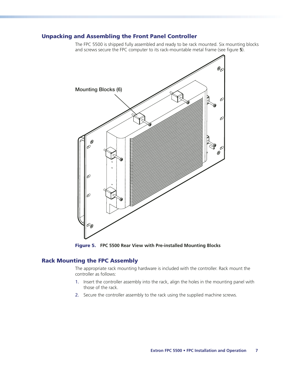 Rack mounting the fpc assembly, Unpacking and assembling the front panel, Controller | E the fpc computer to the fpc mounting panel (see, Unpacking and, Assembling the front panel controller | Extron Electronics FPC 5500 User Manual | Page 13 / 59