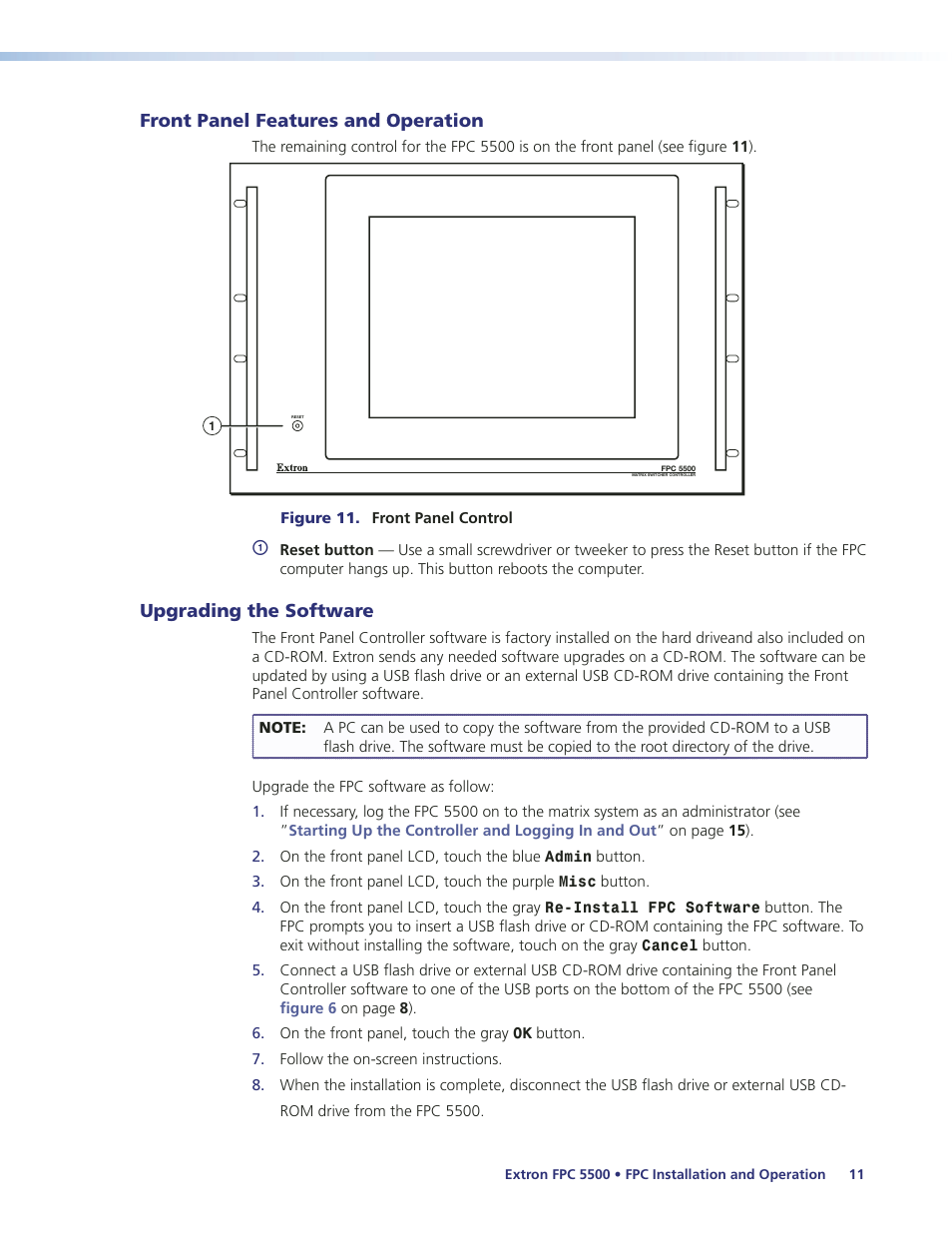 Front panel features and operation, Upgrading the software | Extron Electronics FPC 5500 User Manual | Page 17 / 59