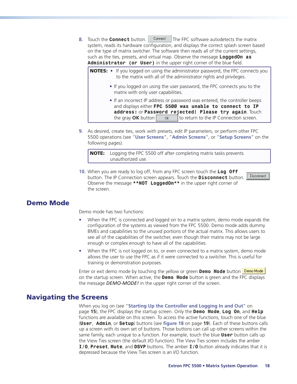 Demo mode, Navigating the screens, Demo mode navigating the screens | Extron Electronics FPC 5500 User Manual | Page 24 / 59