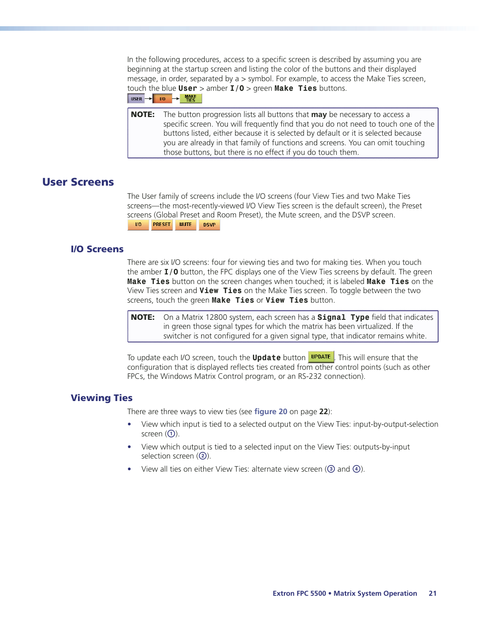 User screens, I/o screens, Viewing ties | 5500 operations (see | Extron Electronics FPC 5500 User Manual | Page 27 / 59