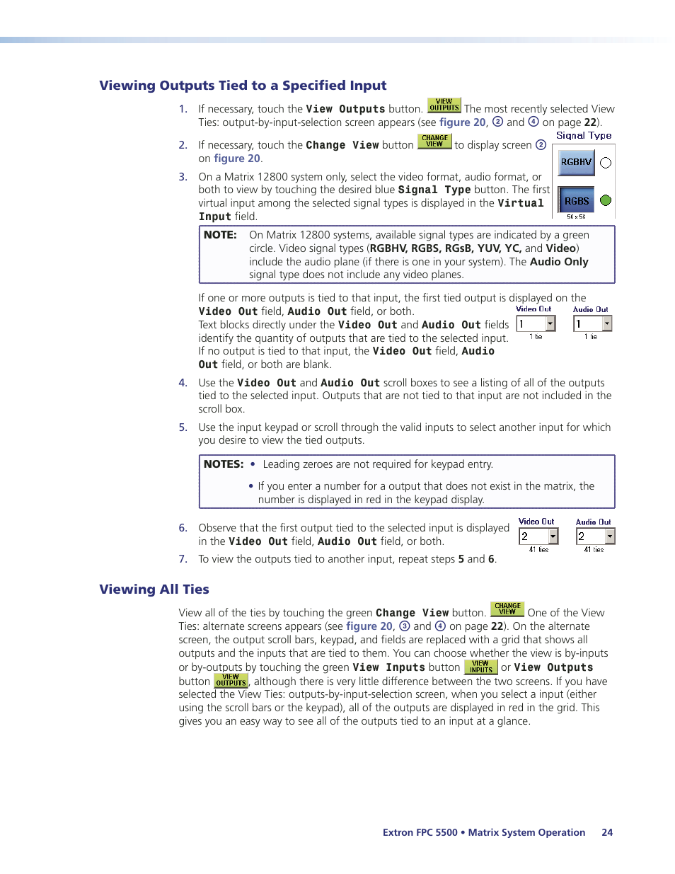 Viewing outputs tied to a specified input, Viewing all ties | Extron Electronics FPC 5500 User Manual | Page 30 / 59