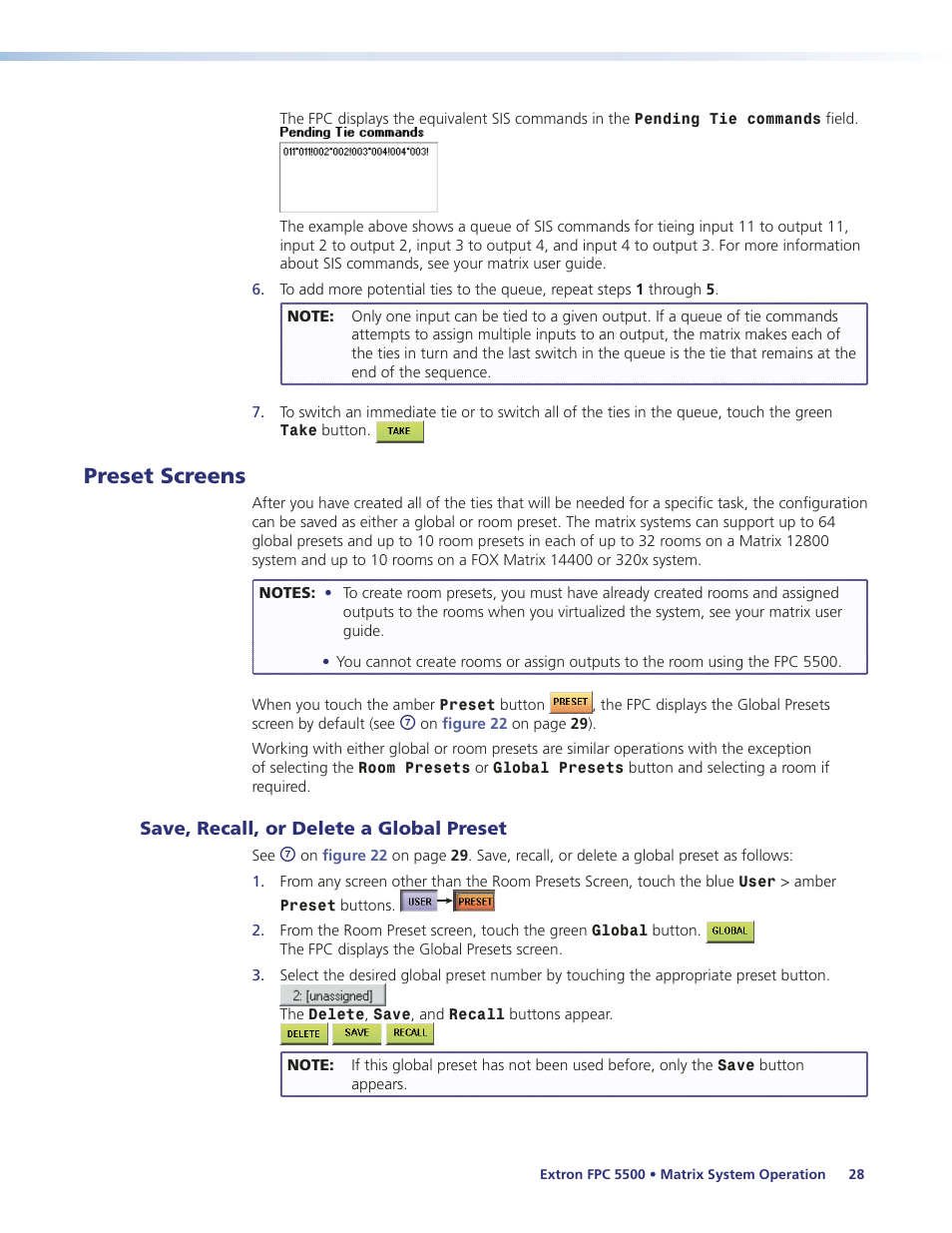 Preset screens, Save, recall, or delete a global preset | Extron Electronics FPC 5500 User Manual | Page 34 / 59