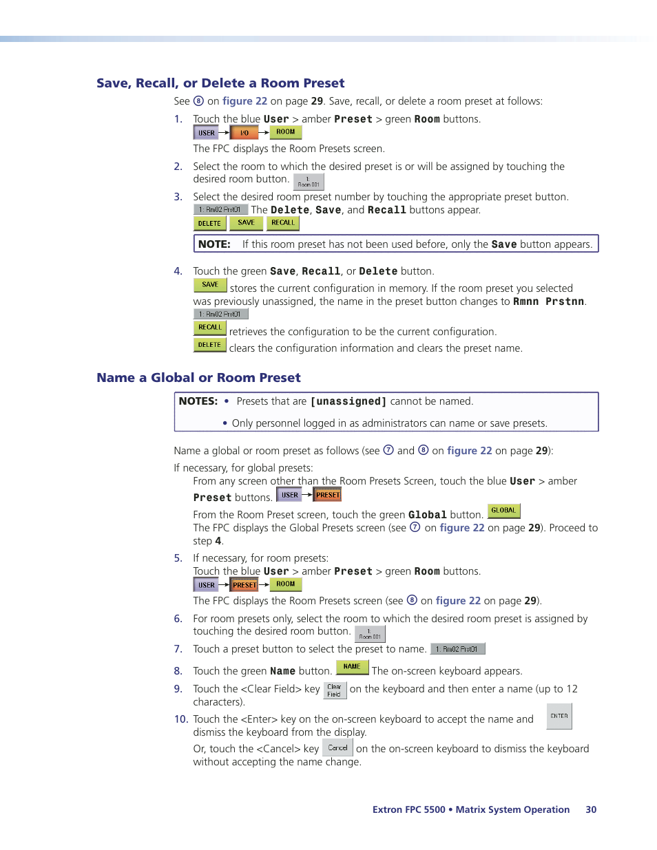 Save, recall, or delete a room preset, Name a global or room preset, Mute screen | Extron Electronics FPC 5500 User Manual | Page 36 / 59
