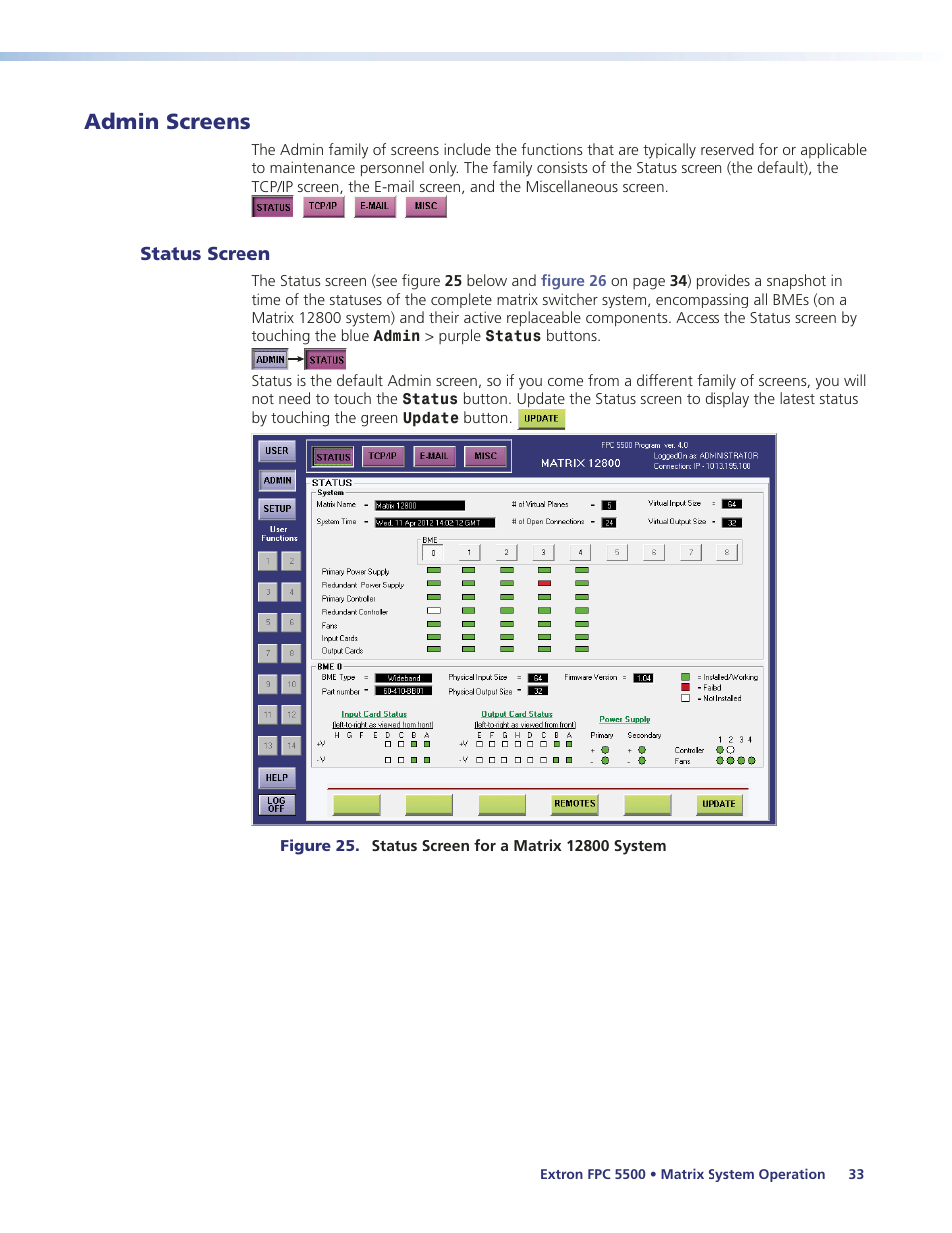 Admin screens, Status screen | Extron Electronics FPC 5500 User Manual | Page 39 / 59