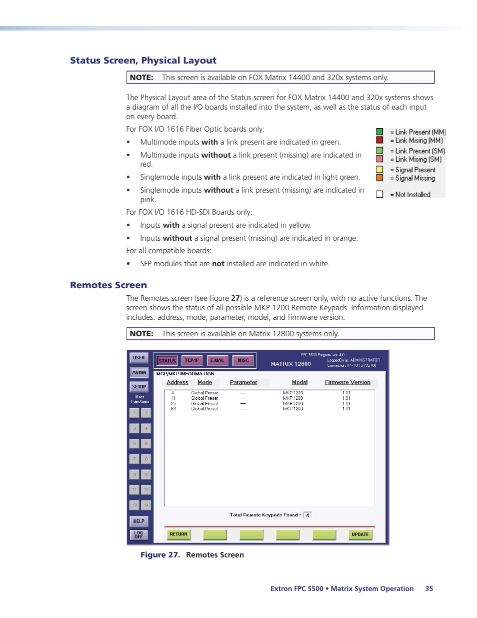 Remotes screen, Status screen, physical layout remotes screen | Extron Electronics FPC 5500 User Manual | Page 41 / 59