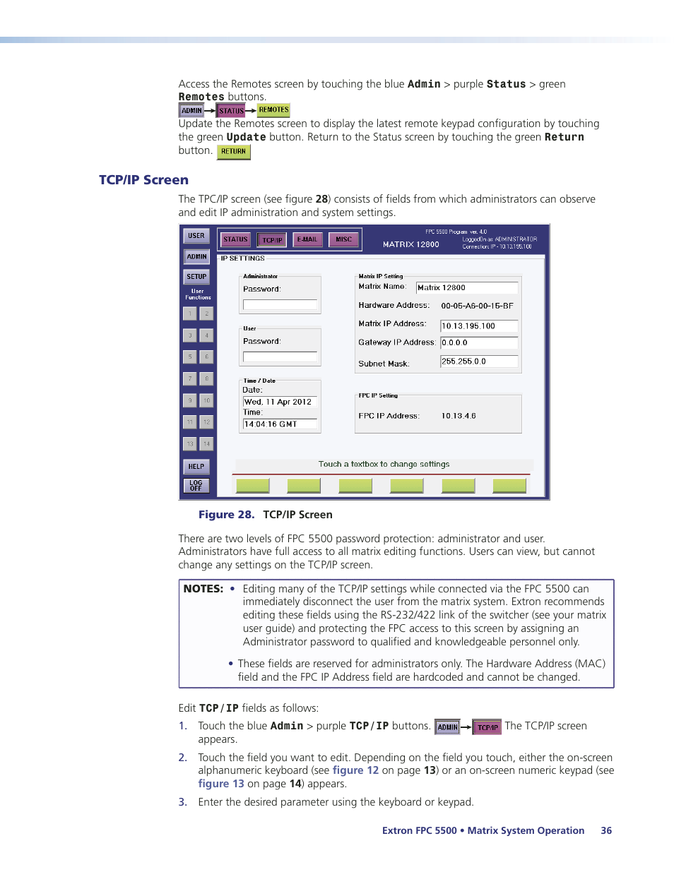 Tcp/ip screen | Extron Electronics FPC 5500 User Manual | Page 42 / 59