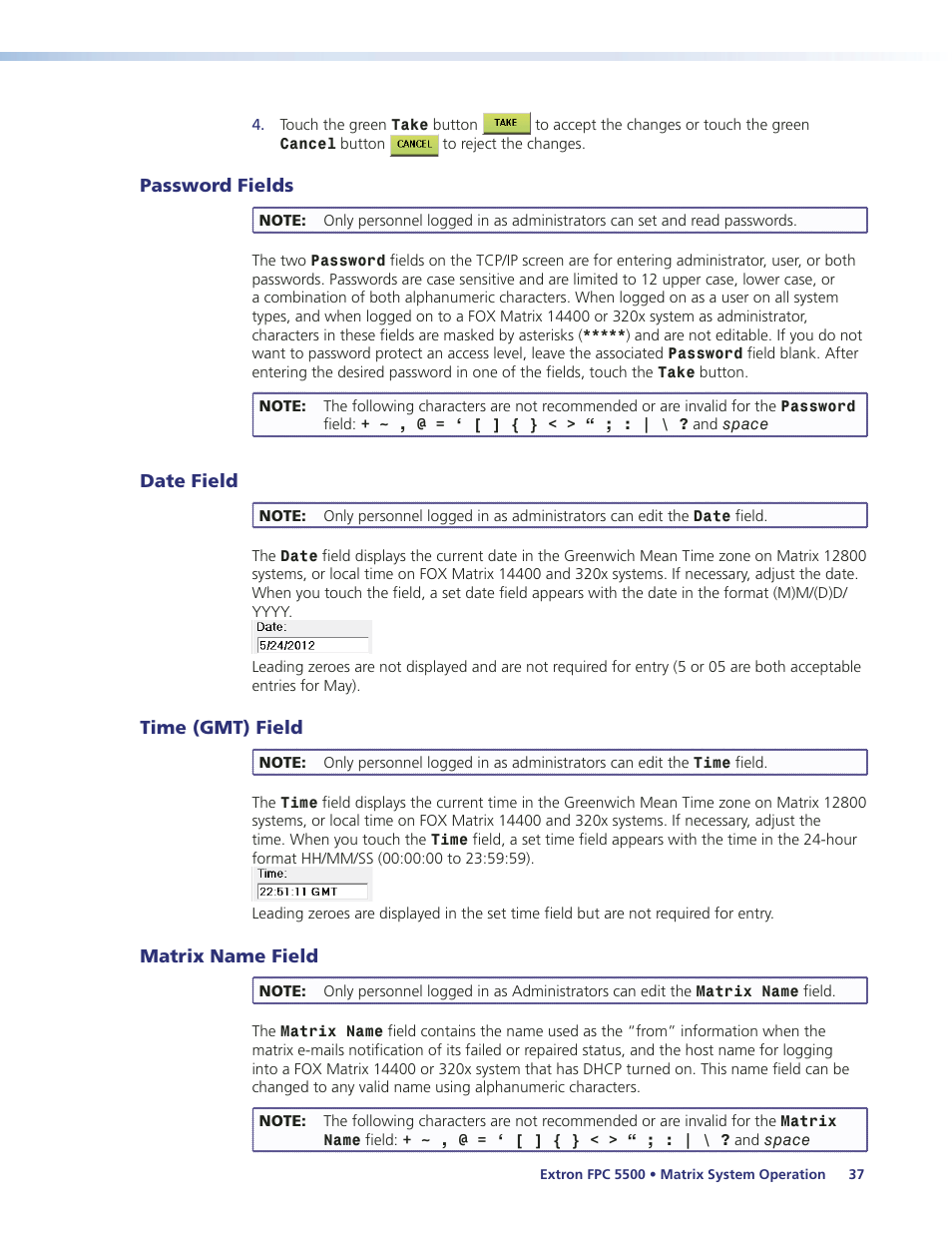 Password fields, Date field, Time (gmt) field | Matrix name field | Extron Electronics FPC 5500 User Manual | Page 43 / 59