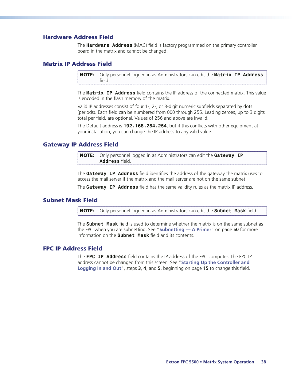 Hardware address field, Matrix ip address field, Gateway ip address field | Subnet mask field, Fpc ip address field | Extron Electronics FPC 5500 User Manual | Page 44 / 59