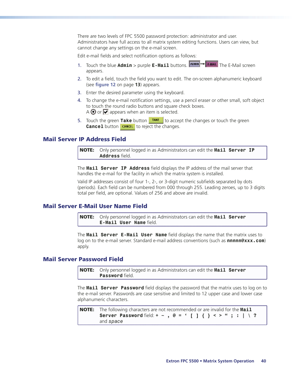 Mail server ip address field, Mail server e-mail user name field, Mail server password field | Extron Electronics FPC 5500 User Manual | Page 46 / 59