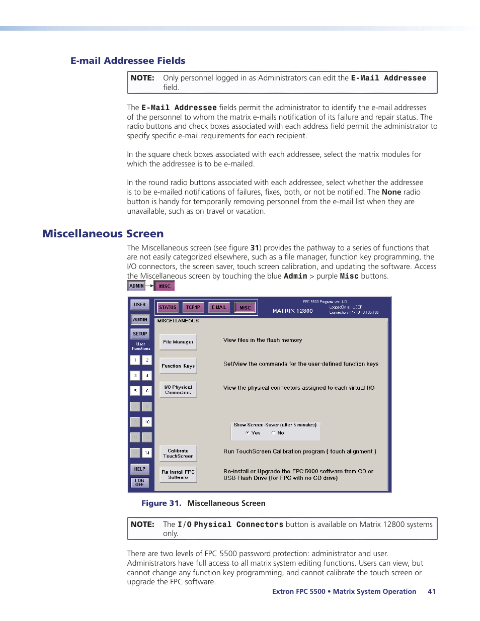 E-mail addressee fields, Miscellaneous screen | Extron Electronics FPC 5500 User Manual | Page 47 / 59