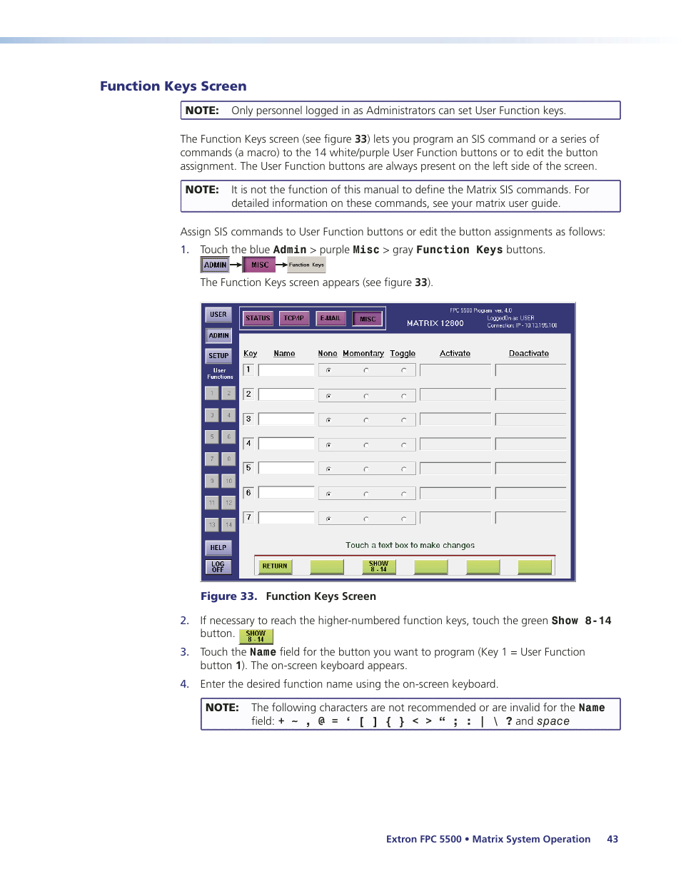 Function keys screen | Extron Electronics FPC 5500 User Manual | Page 49 / 59