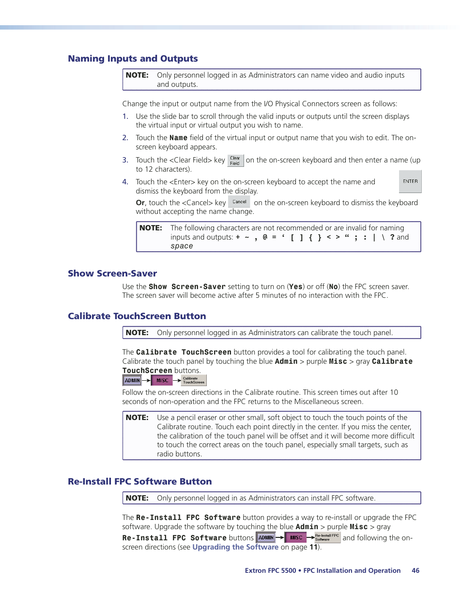 Naming inputs and outputs, Show screen-saver, Calibrate touchscreen button | Re-install fpc software button | Extron Electronics FPC 5500 User Manual | Page 52 / 59