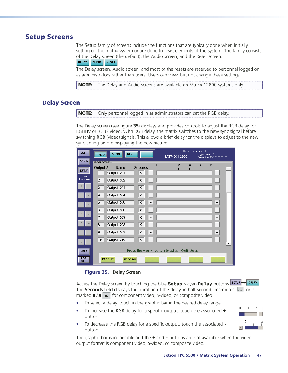 Setup screens, Delay screen, Audio screen | On the | Extron Electronics FPC 5500 User Manual | Page 53 / 59