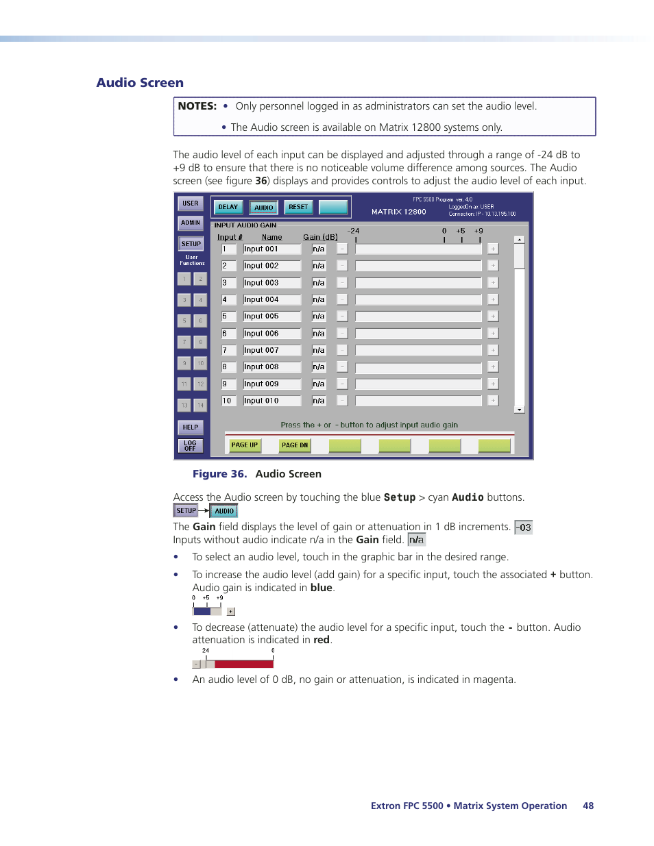 Reset screen, Audio screen | Extron Electronics FPC 5500 User Manual | Page 54 / 59