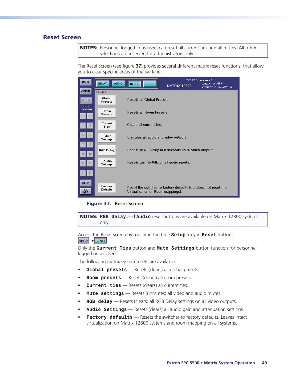 Reset screen | Extron Electronics FPC 5500 User Manual | Page 55 / 59