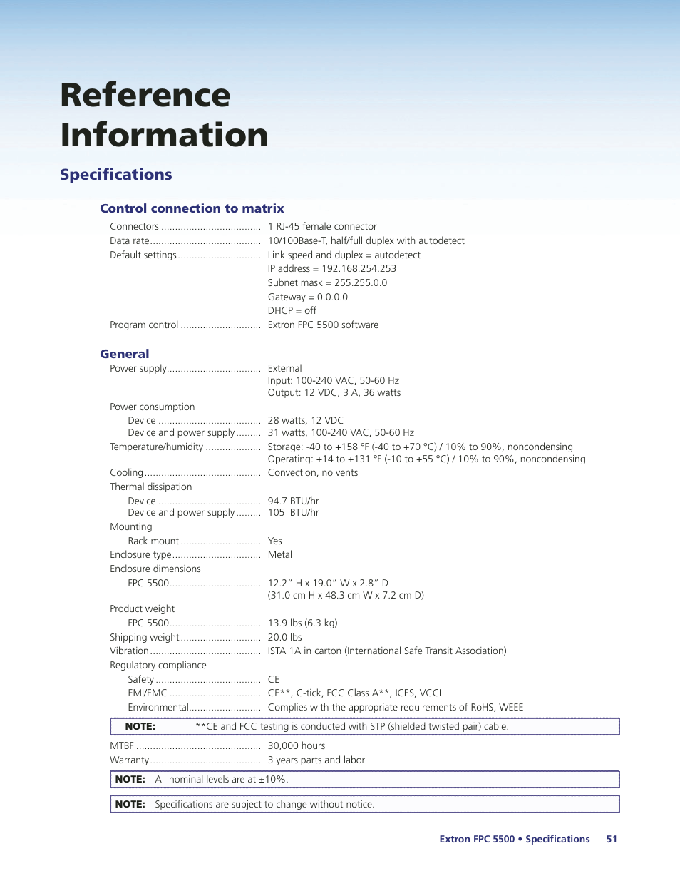 Reference information, Specifications | Extron Electronics FPC 5500 User Manual | Page 57 / 59