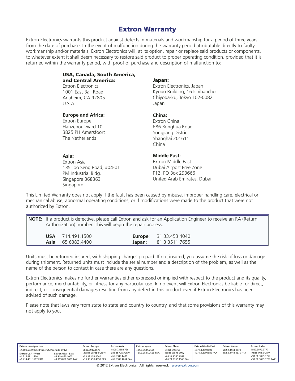 Extron warranty, Contact information extron warranty | Extron Electronics FPC 5500 User Manual | Page 59 / 59