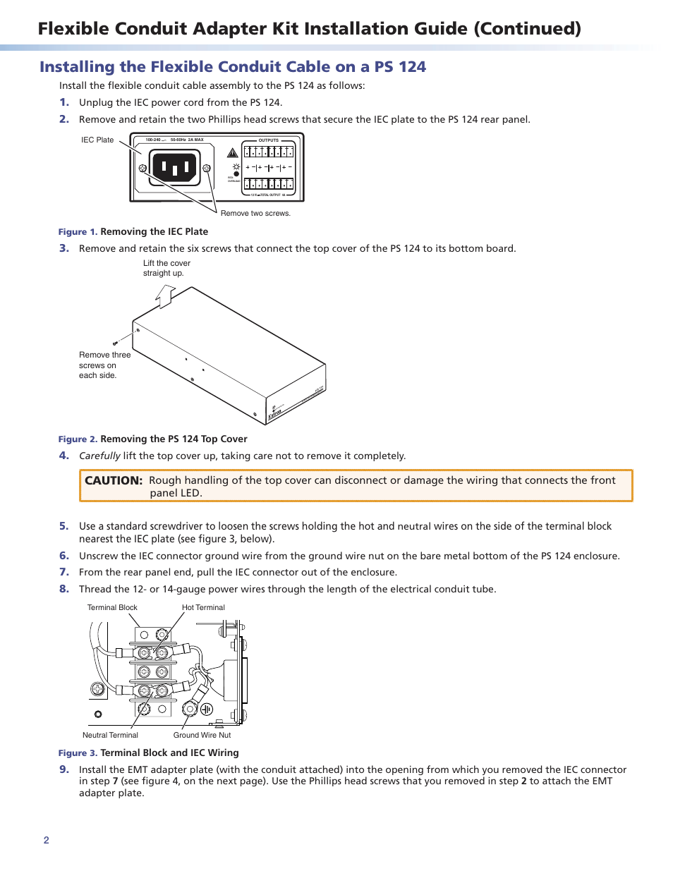 Installing the flexible conduit cable on a ps 124, Caution | Extron Electronics Flexible Conduit Adapter Kit User Manual | Page 2 / 4
