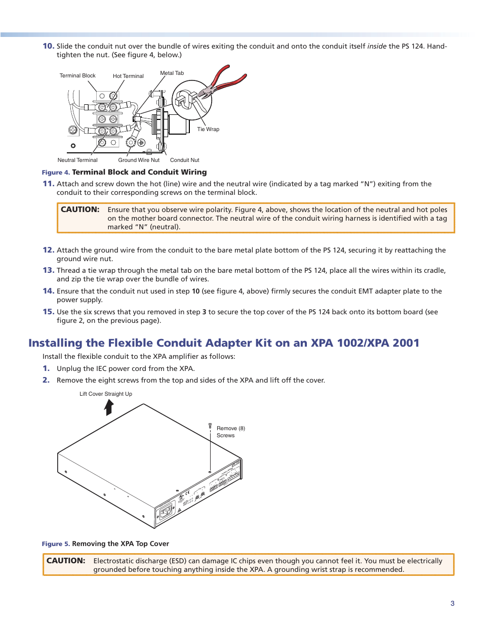 Caution, Terminal block and conduit wiring, Unplug the iec power cord from the xpa | Vol/mute 10v 50 ma, Removing the xpa top cover | Extron Electronics Flexible Conduit Adapter Kit User Manual | Page 3 / 4