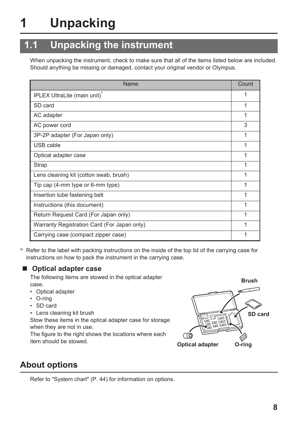 1unpacking, 1 unpacking the instrument, About options | Olympus IPLEX UltraLite User Manual | Page 12 / 48