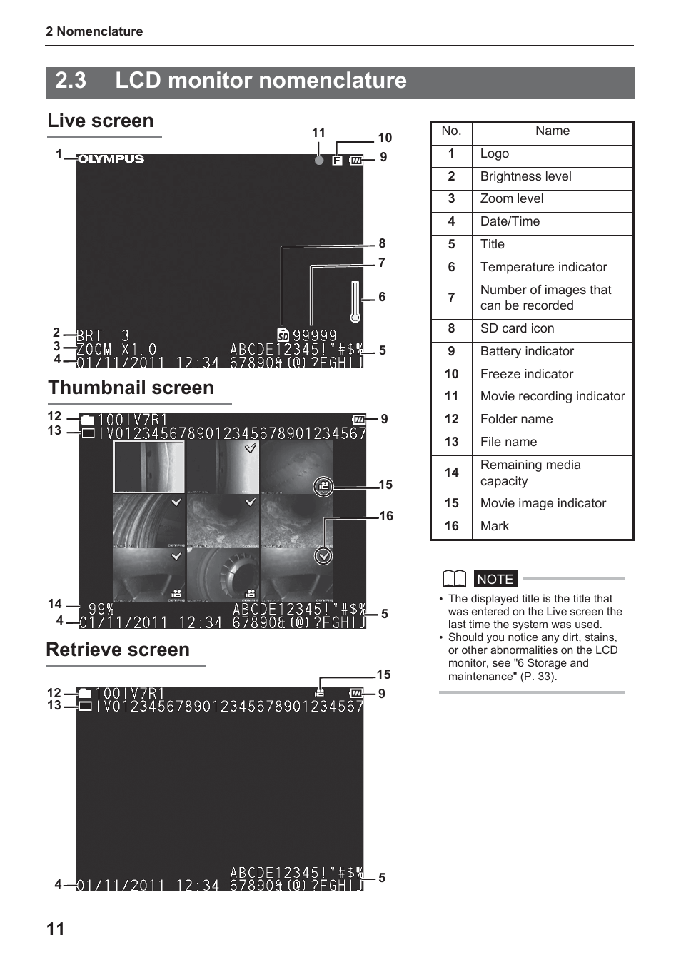 3 lcd monitor nomenclature, Live screen thumbnail screen, Retrieve screen | Olympus IPLEX UltraLite User Manual | Page 15 / 48