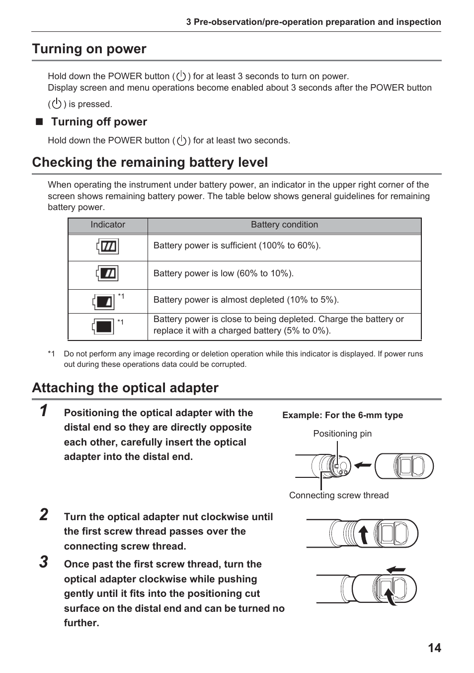 Turning on power, Checking the remaining battery level, Attaching the optical adapter | Olympus IPLEX UltraLite User Manual | Page 18 / 48
