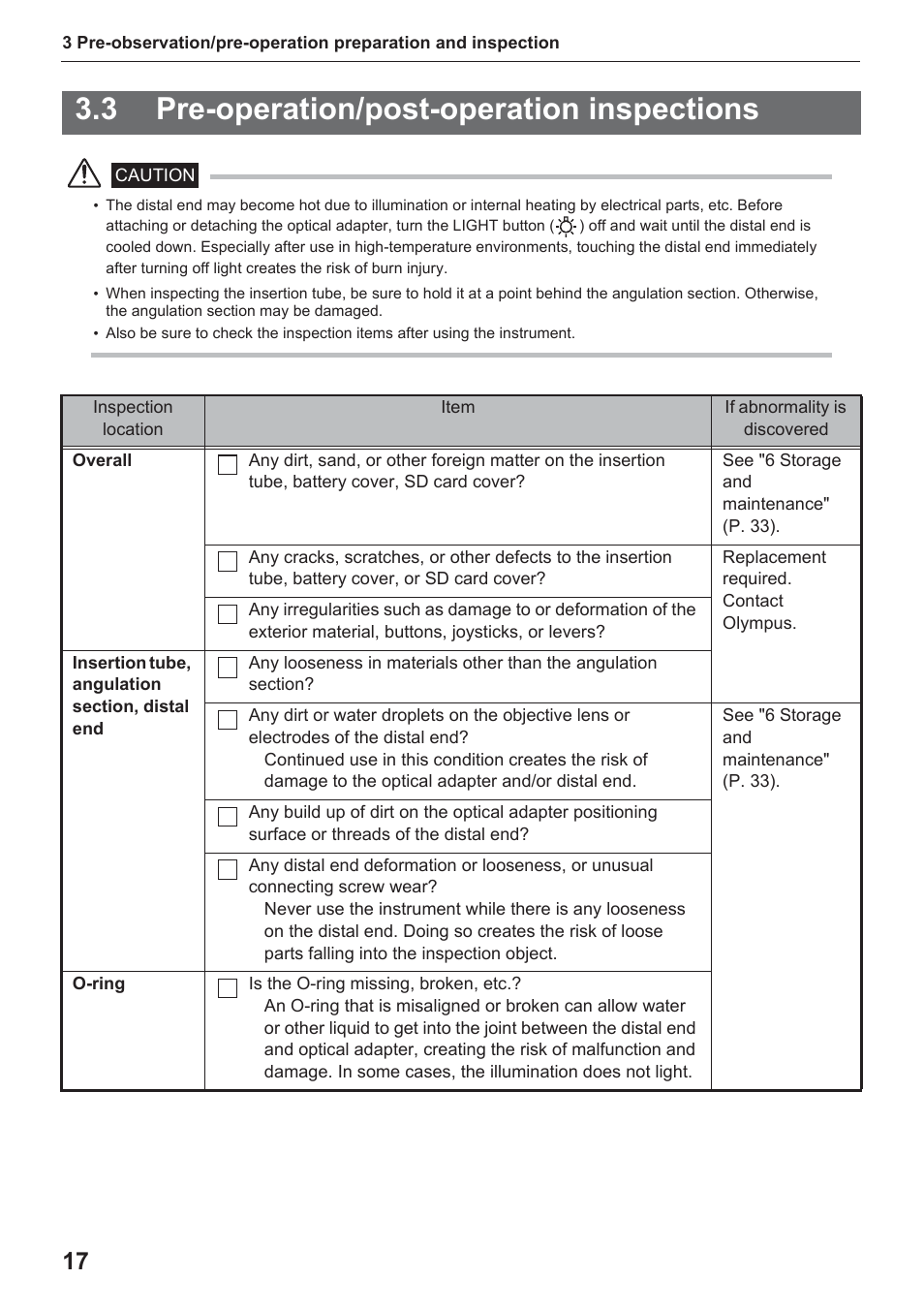 3 pre-operation/post-operation inspections | Olympus IPLEX UltraLite User Manual | Page 21 / 48