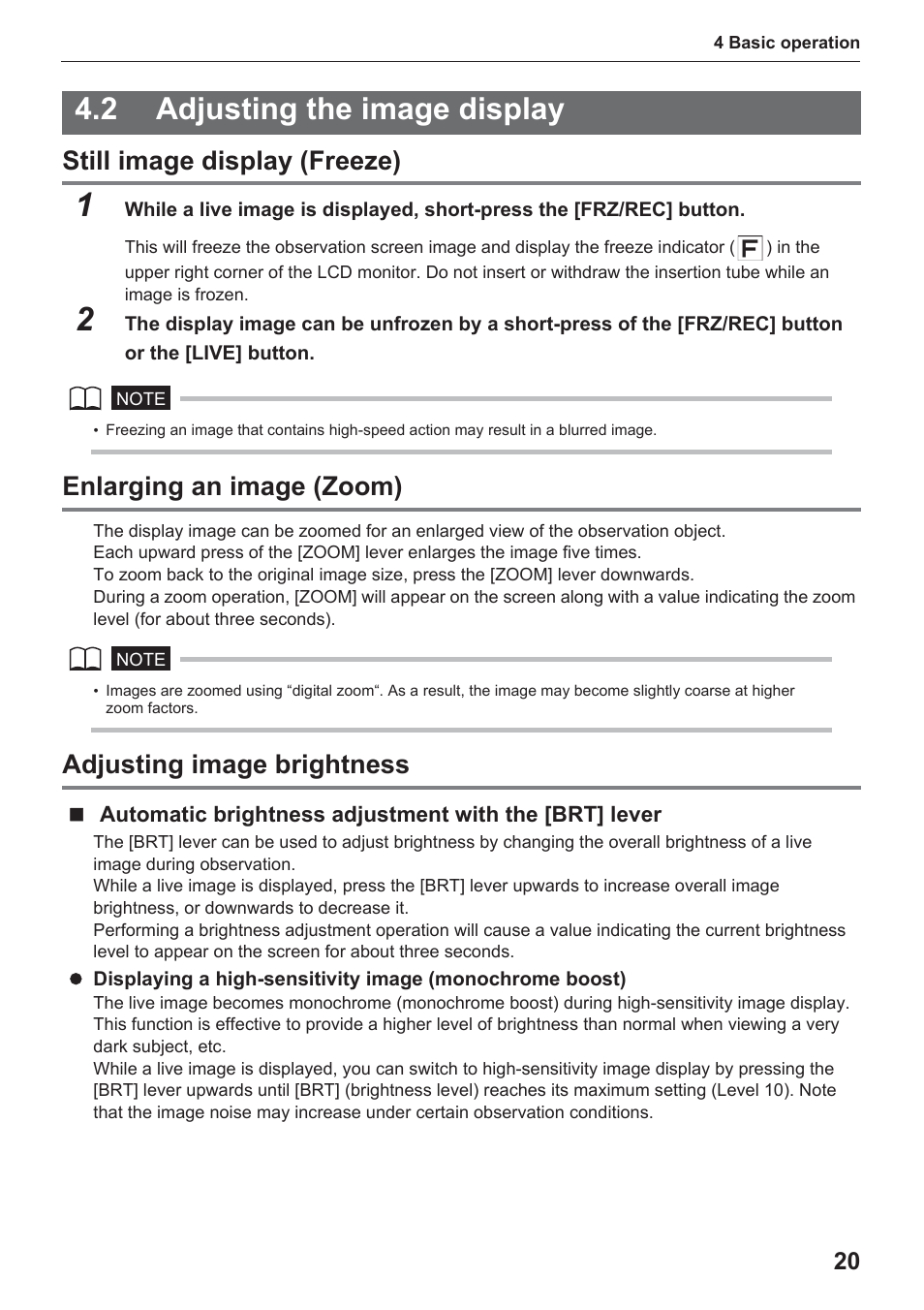 2 adjusting the image display, Still image display (freeze), Enlarging an image (zoom) | Adjusting image brightness | Olympus IPLEX UltraLite User Manual | Page 24 / 48