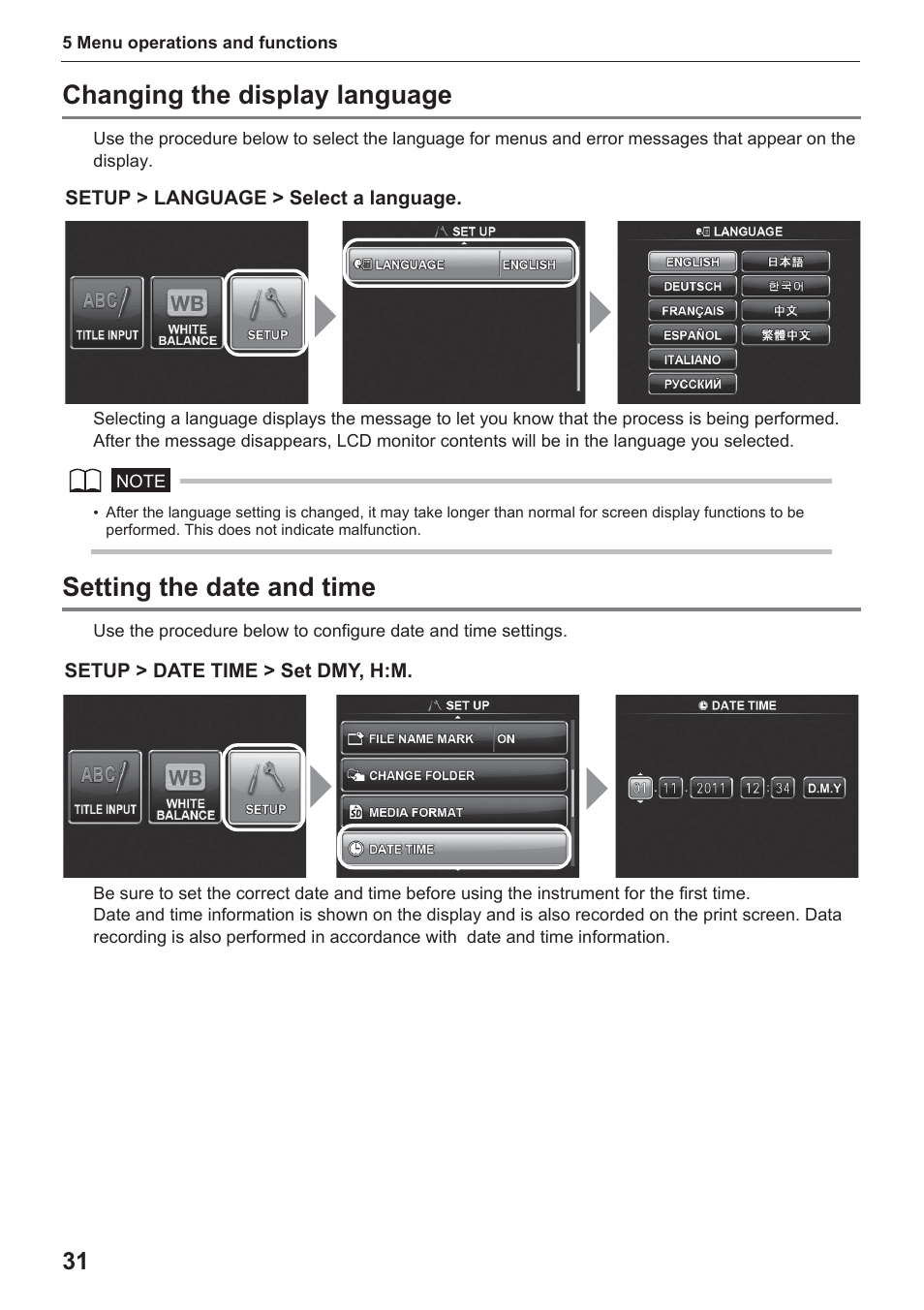 Changing the display language, Setting the date and time | Olympus IPLEX UltraLite User Manual | Page 35 / 48