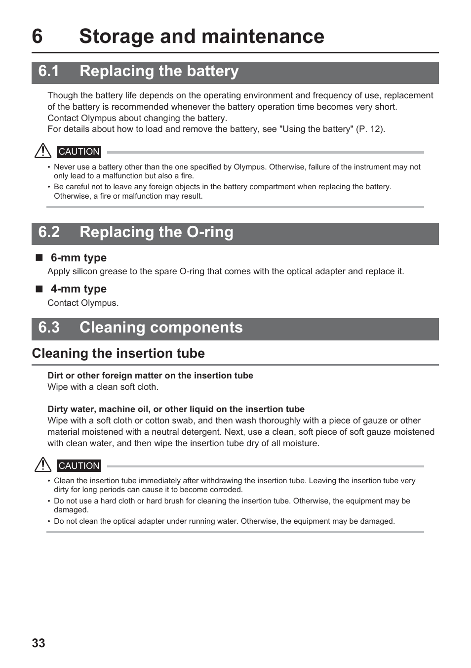 6storage and maintenance, 1 replacing the battery, 2 replacing the o-ring | 3 cleaning components, Cleaning the insertion tube | Olympus IPLEX UltraLite User Manual | Page 37 / 48