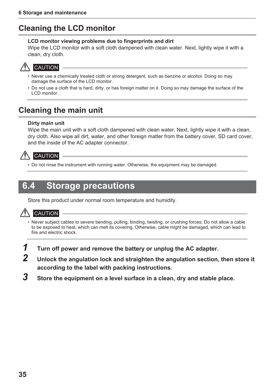 4 storage precautions, Cleaning the lcd monitor, Cleaning the main unit | Olympus IPLEX UltraLite User Manual | Page 39 / 48