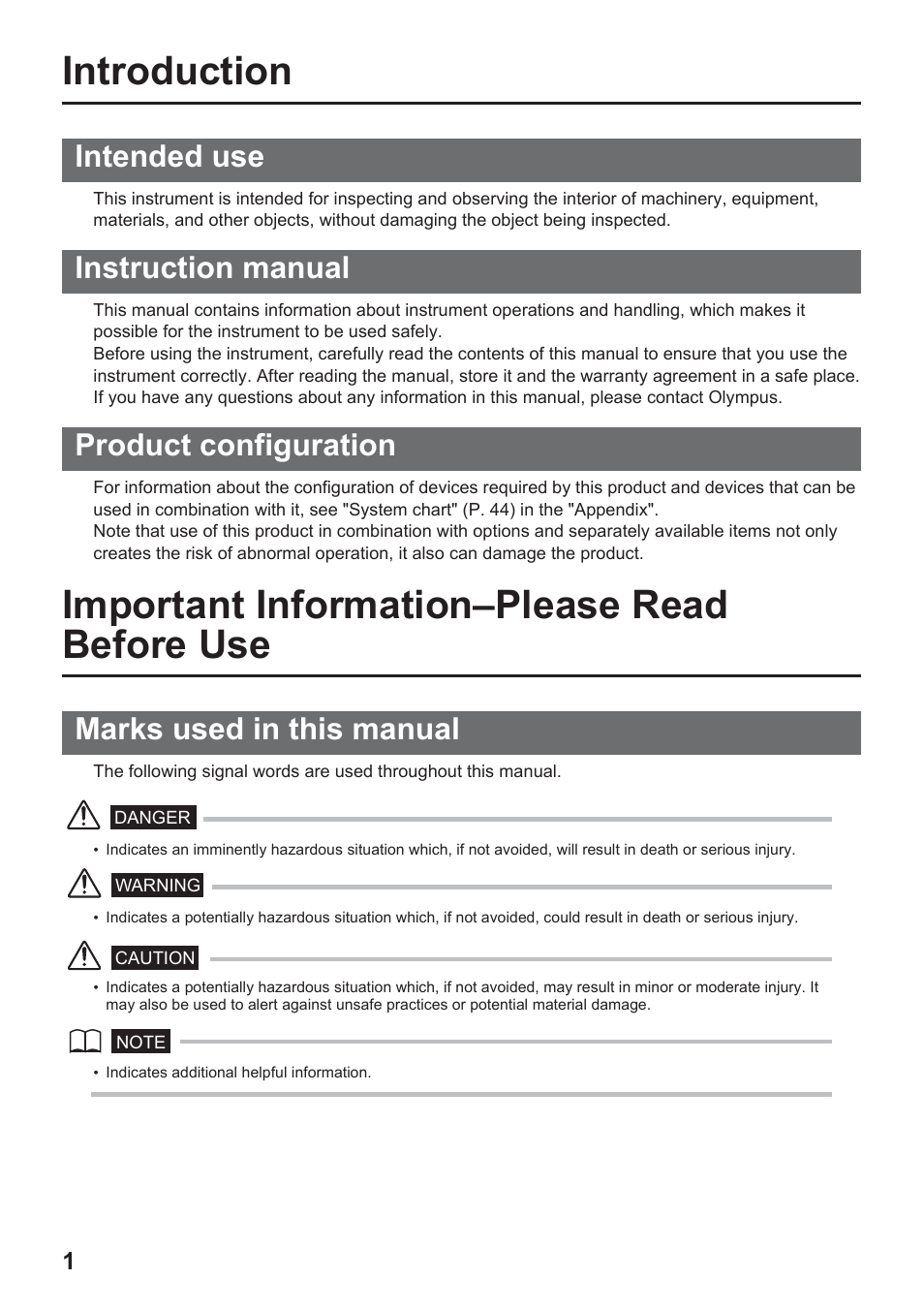 Introduction, Important information–please read before use, Intended use | Instruction manual, Product configuration, Marks used in this manual | Olympus IPLEX UltraLite User Manual | Page 5 / 48