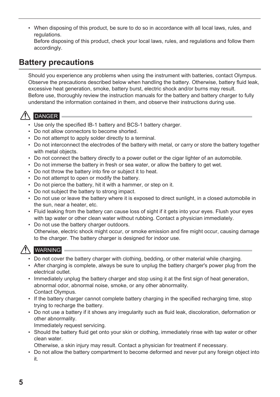 Battery precautions | Olympus IPLEX UltraLite User Manual | Page 9 / 48
