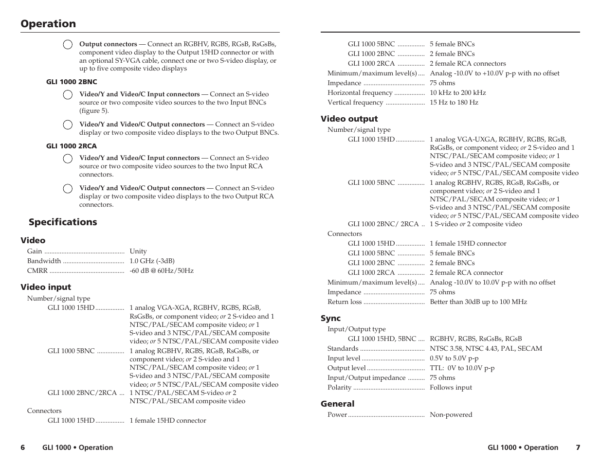 Operation, Specifications | Extron Electronics GLI 1000 15HD User Manual | Page 4 / 5