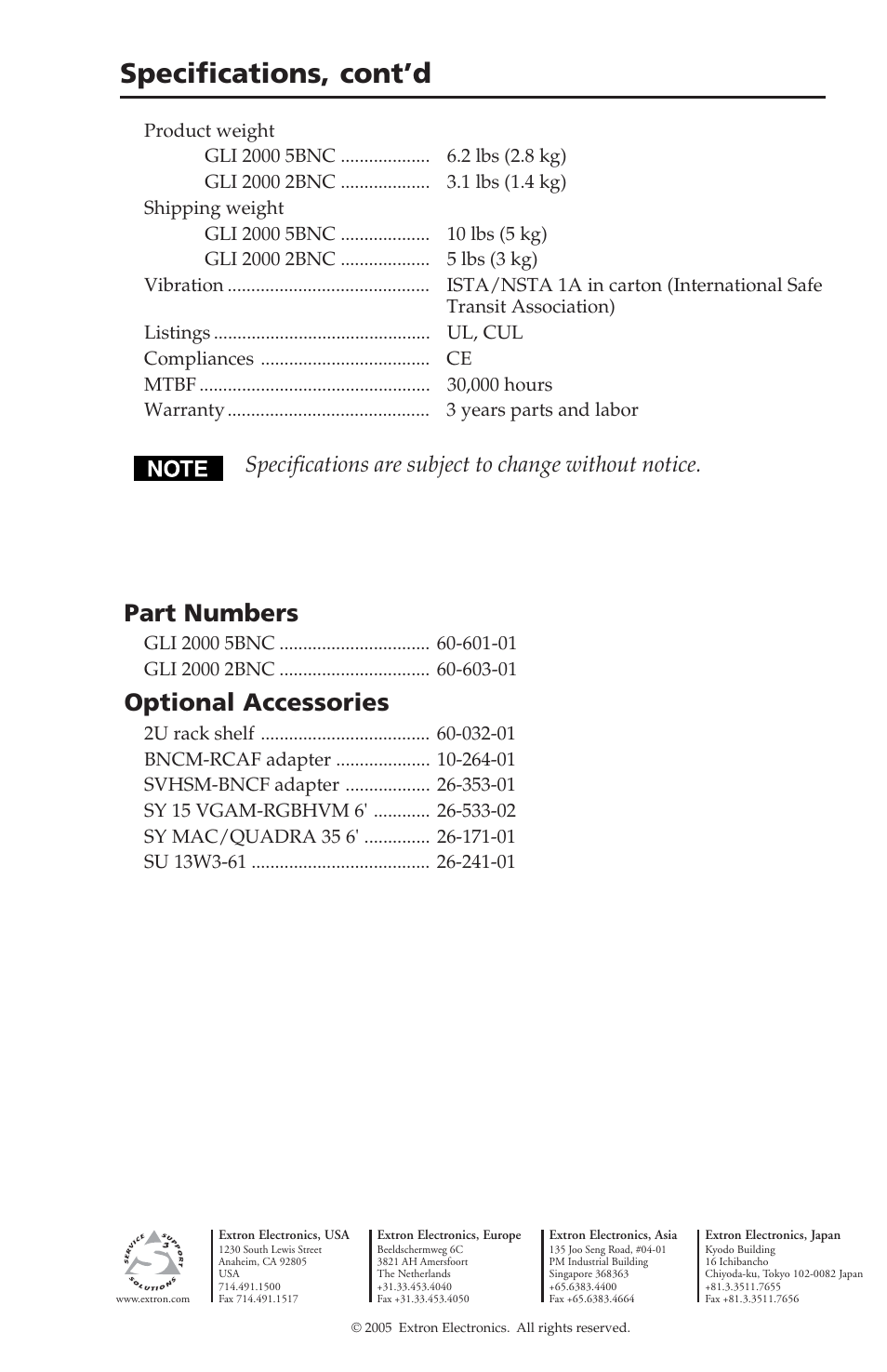 Specifications, cont’d, Part numbers, Optional accessories | Extron Electronics GLI 2000 2BNC User Manual | Page 8 / 8