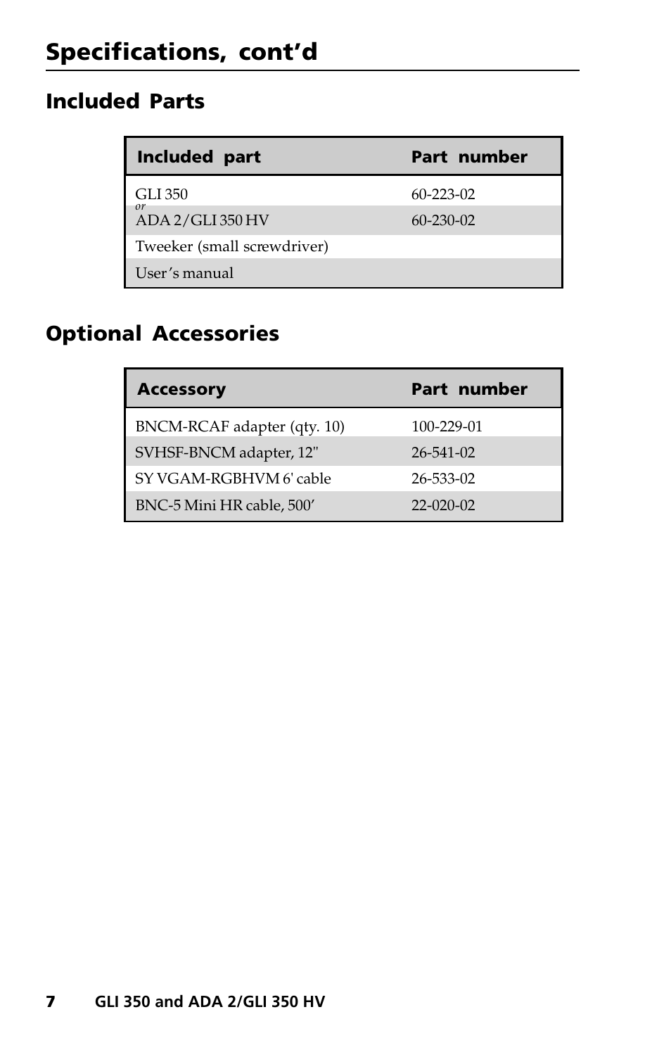 Specifications, cont’d, Included parts, Optional accessories | Extron Electronics ADA 2_GLI 350 HV User Manual | Page 10 / 12