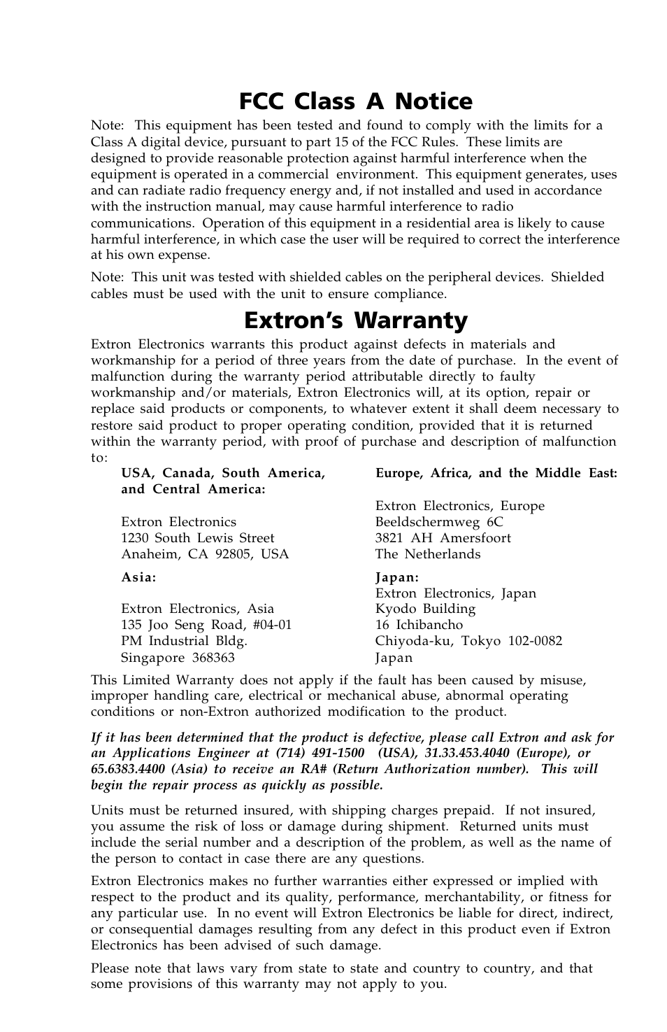 Fcc class a notice, Extron’s warranty | Extron Electronics ADA 2_GLI 350 HV User Manual | Page 11 / 12