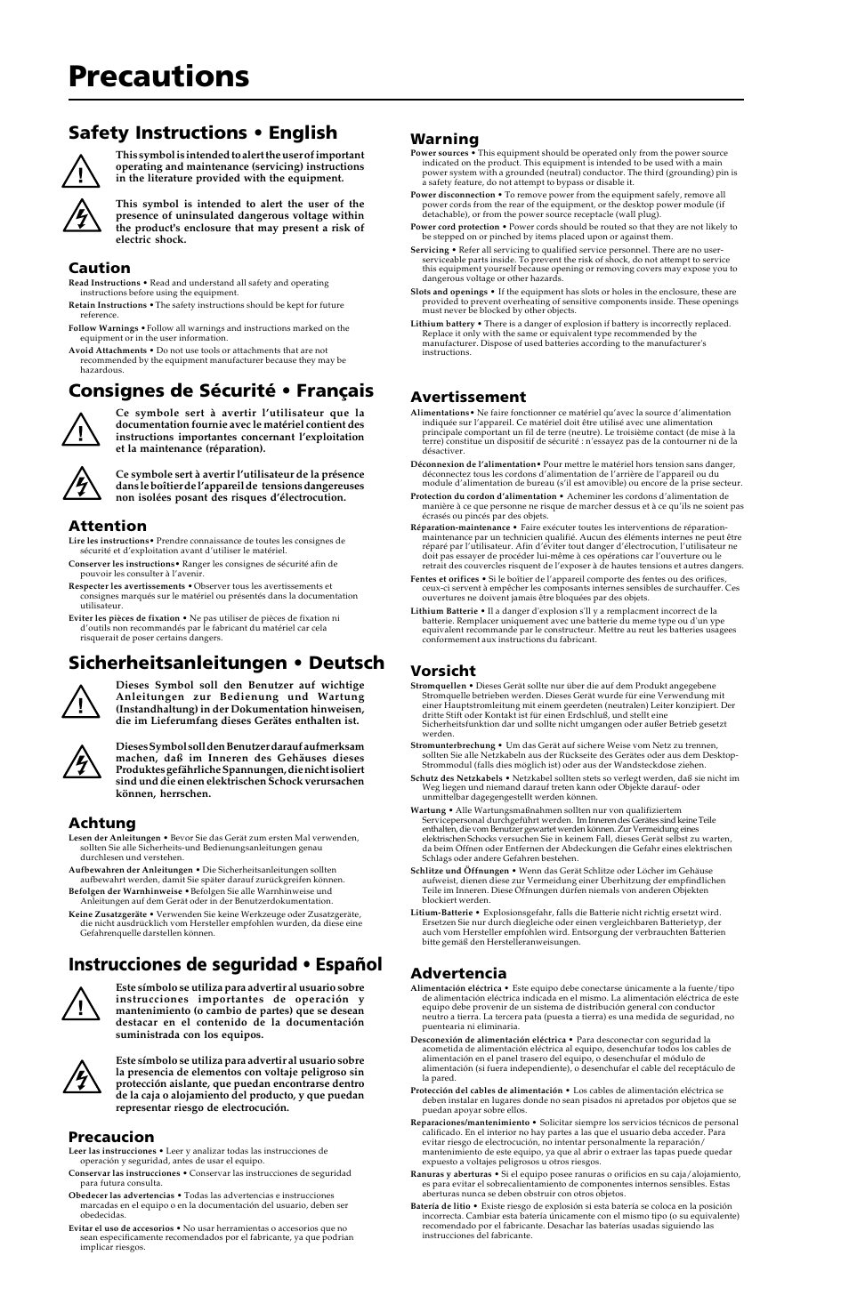 Precautions, Instrucciones de seguridad • español, Caution | Warning, Attention, Avertissement, Achtung, Vorsicht, Precaucion, Advertencia | Extron Electronics ADA 2_GLI 350 HV User Manual | Page 2 / 12