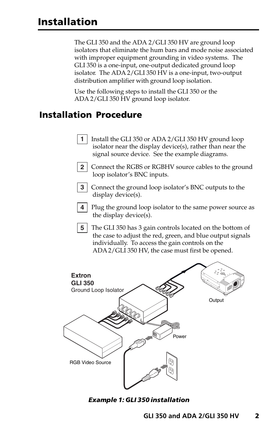 Installation, Installation procedure, Example 1: gli 350 installation | Extron Electronics ADA 2_GLI 350 HV User Manual | Page 5 / 12
