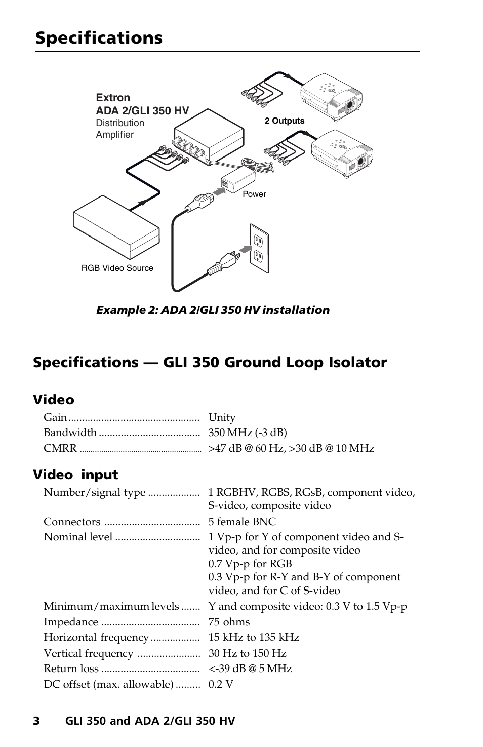 Specifications, Specifications — gli 350 ground loop isolator, Video | Video input, Extron ada 2/gli 350 hv, Distribution amplifier | Extron Electronics ADA 2_GLI 350 HV User Manual | Page 6 / 12