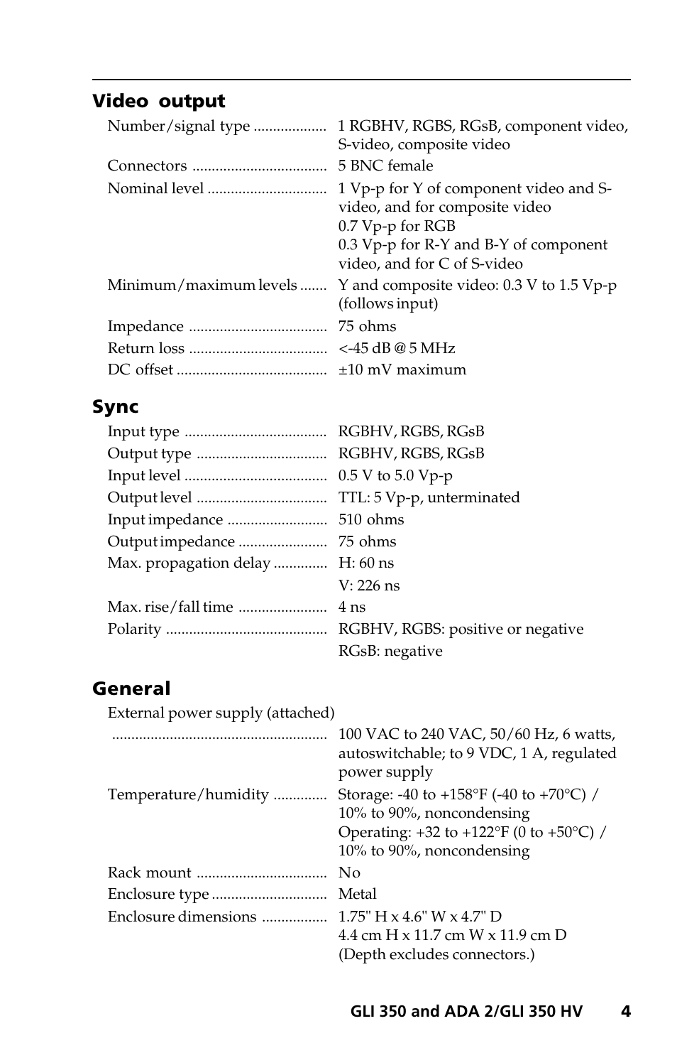 Video output, Sync, General | Extron Electronics ADA 2_GLI 350 HV User Manual | Page 7 / 12