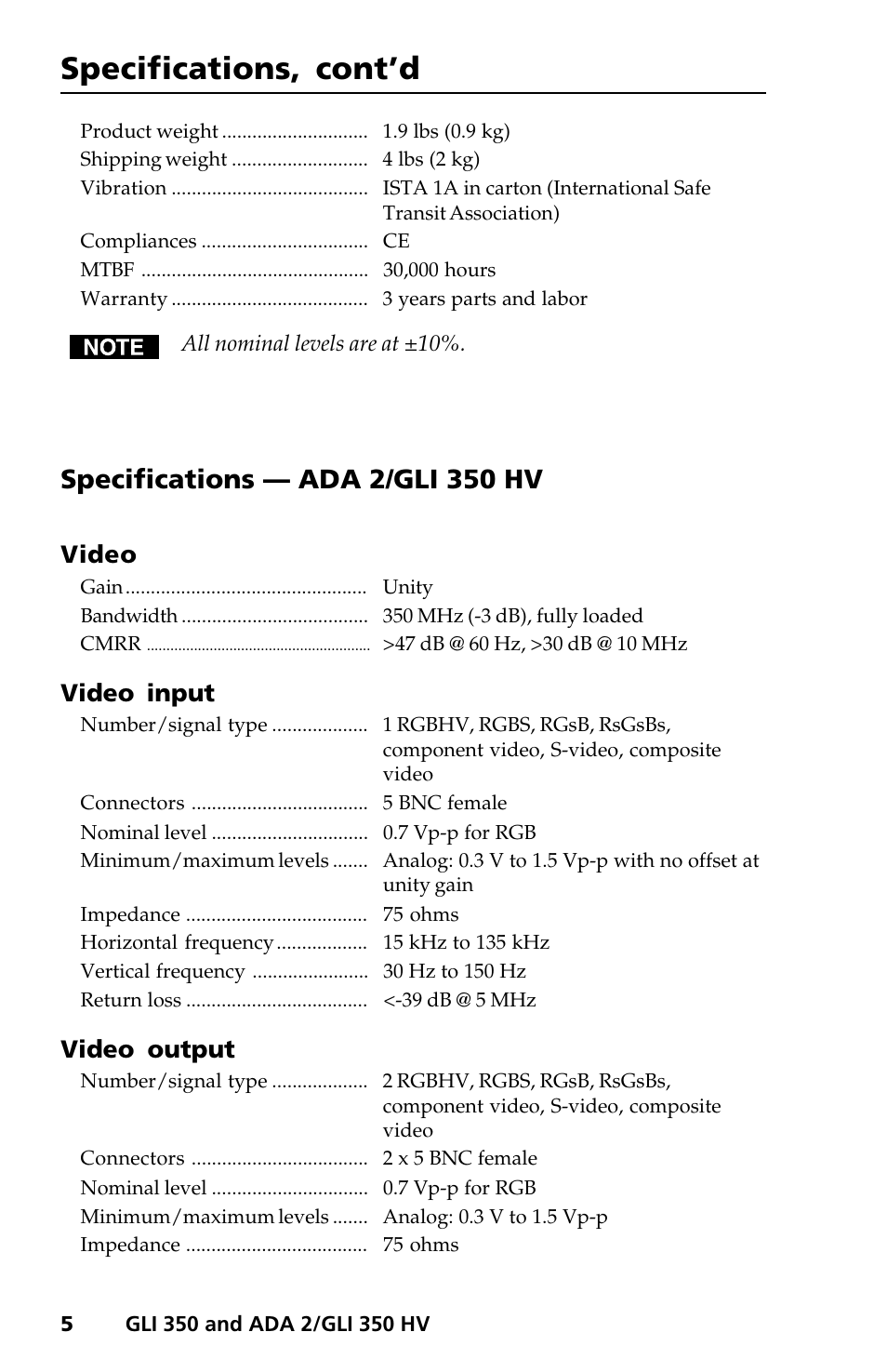 Specifications, cont’d, Specifications — ada 2/gli 350 hv, Video | Video input, Video output | Extron Electronics ADA 2_GLI 350 HV User Manual | Page 8 / 12