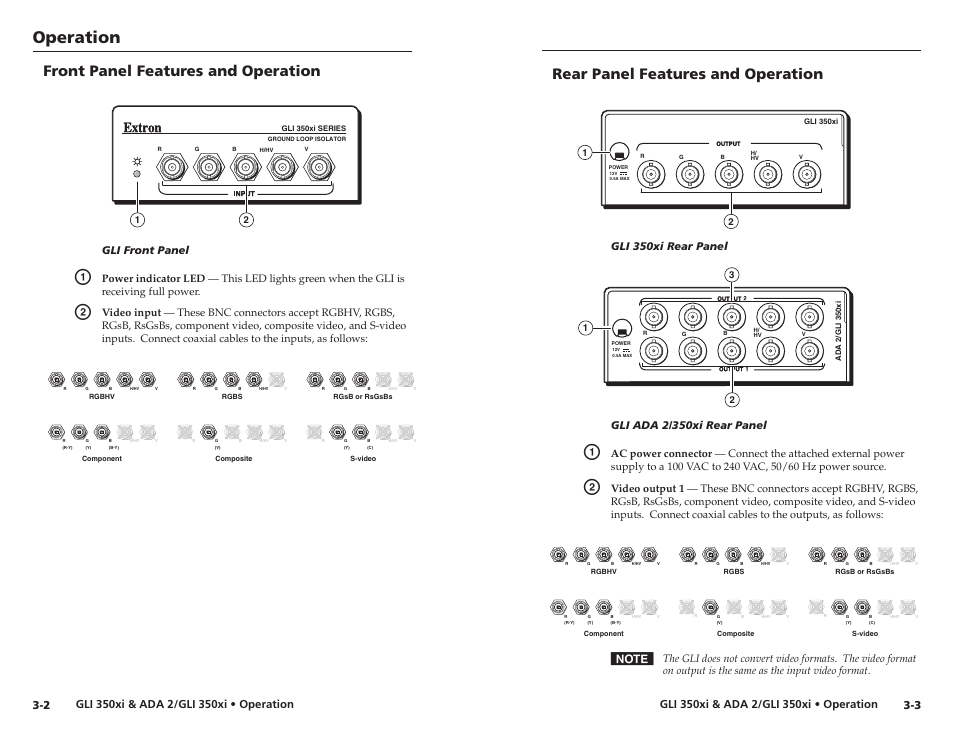 Front panel features and operation, Rear panel features and operation, Operation | Gli front panel, Gli 350xi rear panel, Gli ada 2/350xi rear panel | Extron Electronics ADA 2_GLI 350xi User Manual | Page 10 / 15
