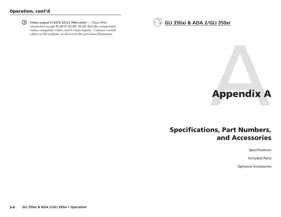 Appendix a, Specifications, part numbers, and accessories, Appendix a • specifications, part numbers, and | Accessories | Extron Electronics ADA 2_GLI 350xi User Manual | Page 11 / 15