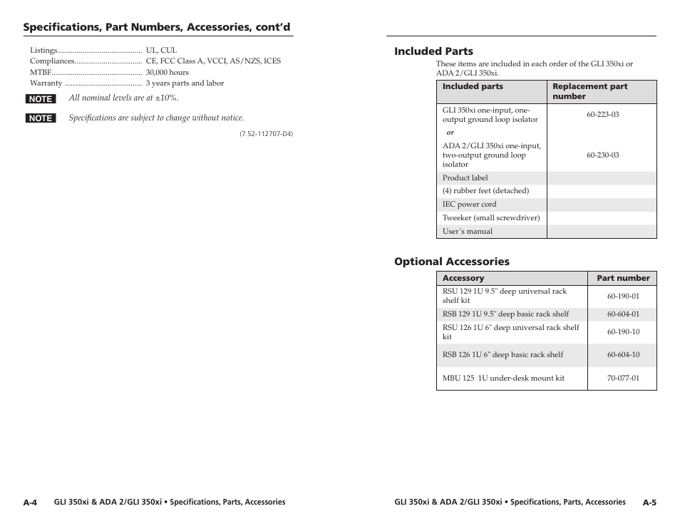 Included parts, Optional accessories, Specifications, part numbers, accessories, cont’d | Extron Electronics ADA 2_GLI 350xi User Manual | Page 13 / 15