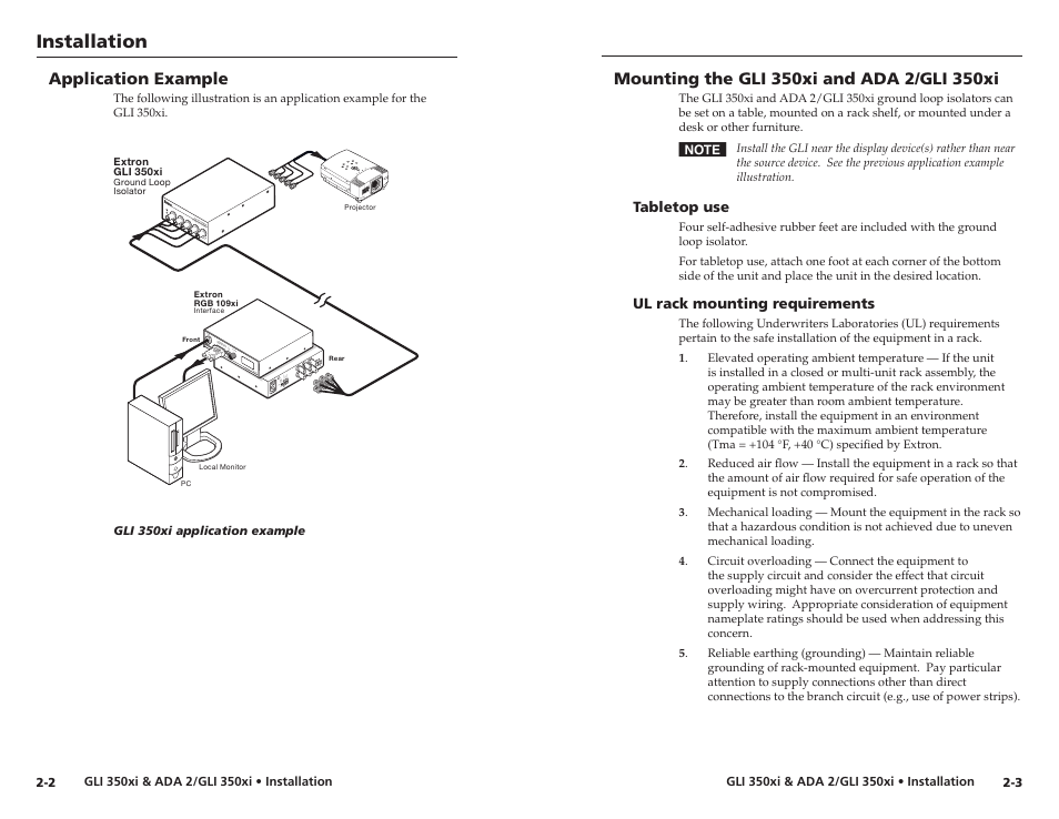 Application example, Mounting the gli 350xi and ada 2/gli 350xi, Tabletop use | Ul rack mounting requirements, Tabletop use -3 ul rack mounting requirements -3, Installation | Extron Electronics ADA 2_GLI 350xi User Manual | Page 7 / 15