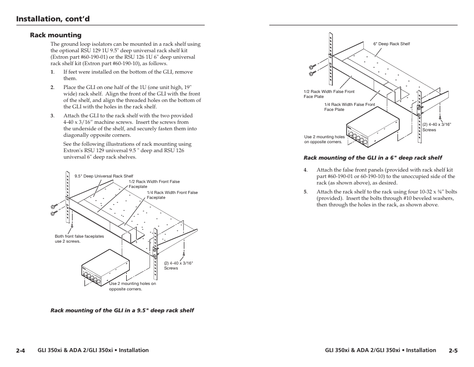 Rack mounting, Rack mounting -4, Installation, cont’d | Extron Electronics ADA 2_GLI 350xi User Manual | Page 8 / 15