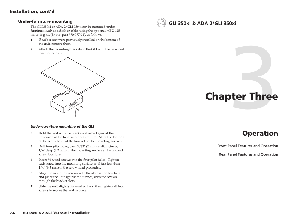 Under-furniture mounting, Chapter three, Operation | Under-furniture mounting -6, Chapter three • operation | Extron Electronics ADA 2_GLI 350xi User Manual | Page 9 / 15