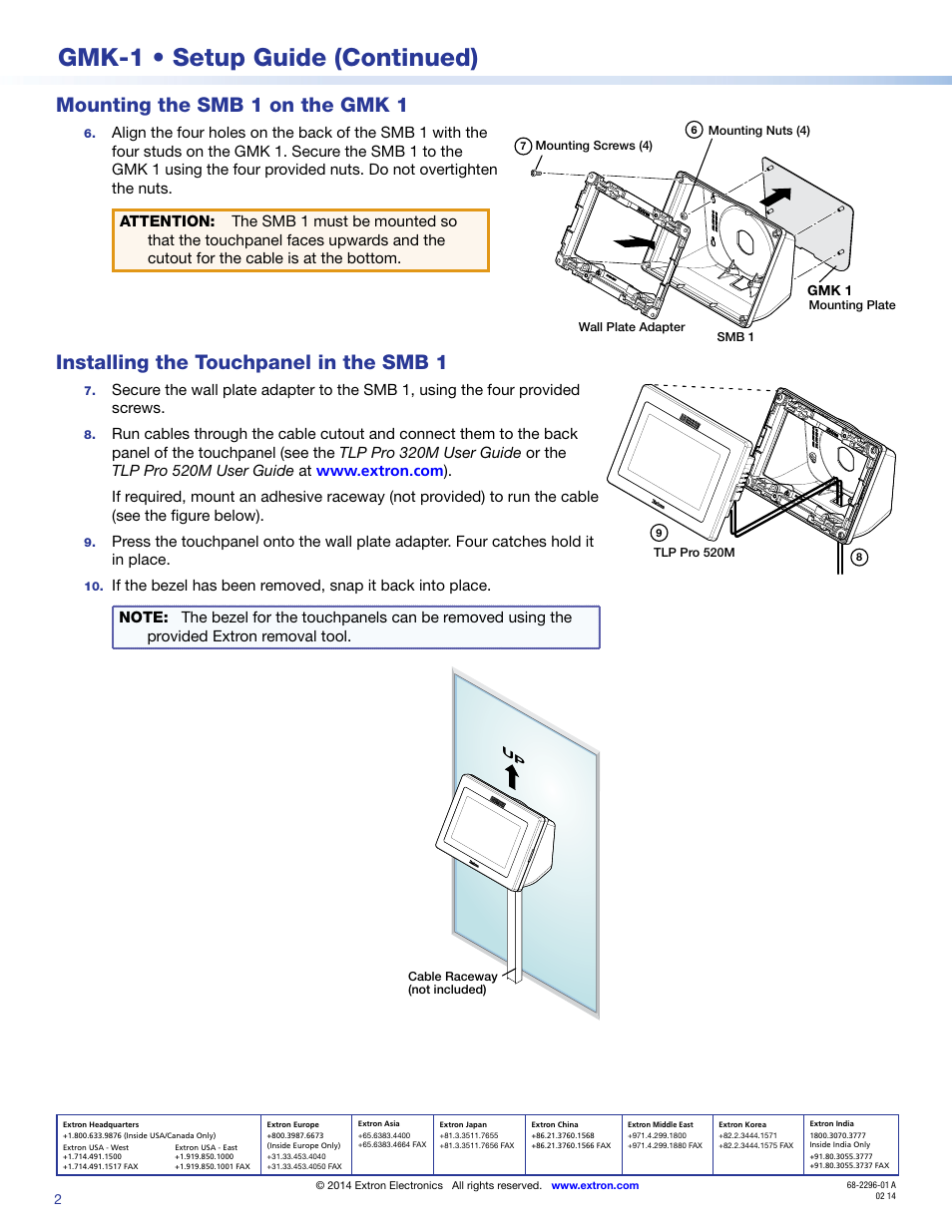 Mounting the smb 1 on the gmk 1, Installing the touchpanel in the smb 1, Extron contact information | Gmk-1 • setup guide (continued) | Extron Electronics GMK 1 User Manual | Page 2 / 2