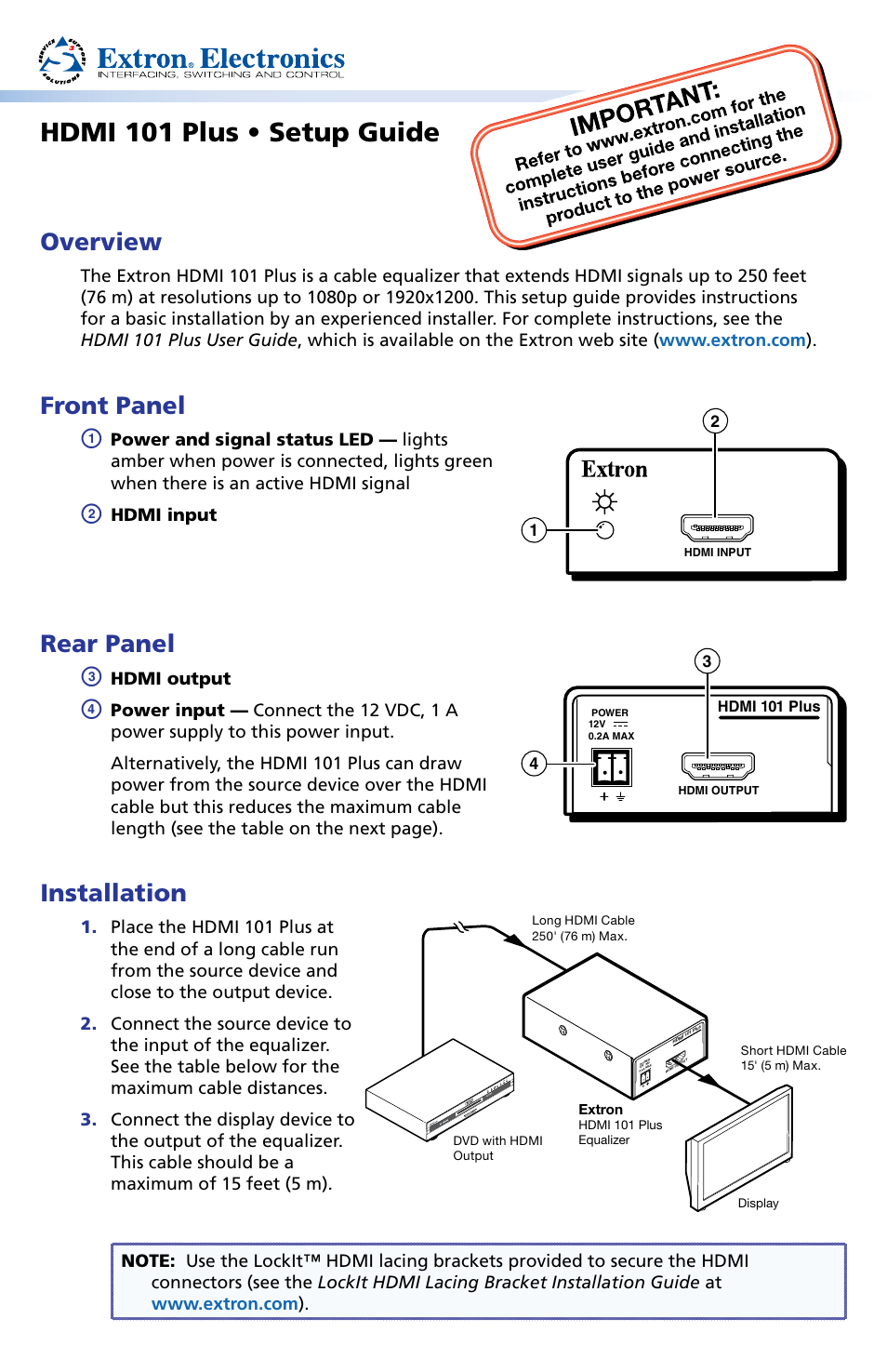 Extron Electronics HDMI 101 Plus Setup Guide User Manual | 2 pages